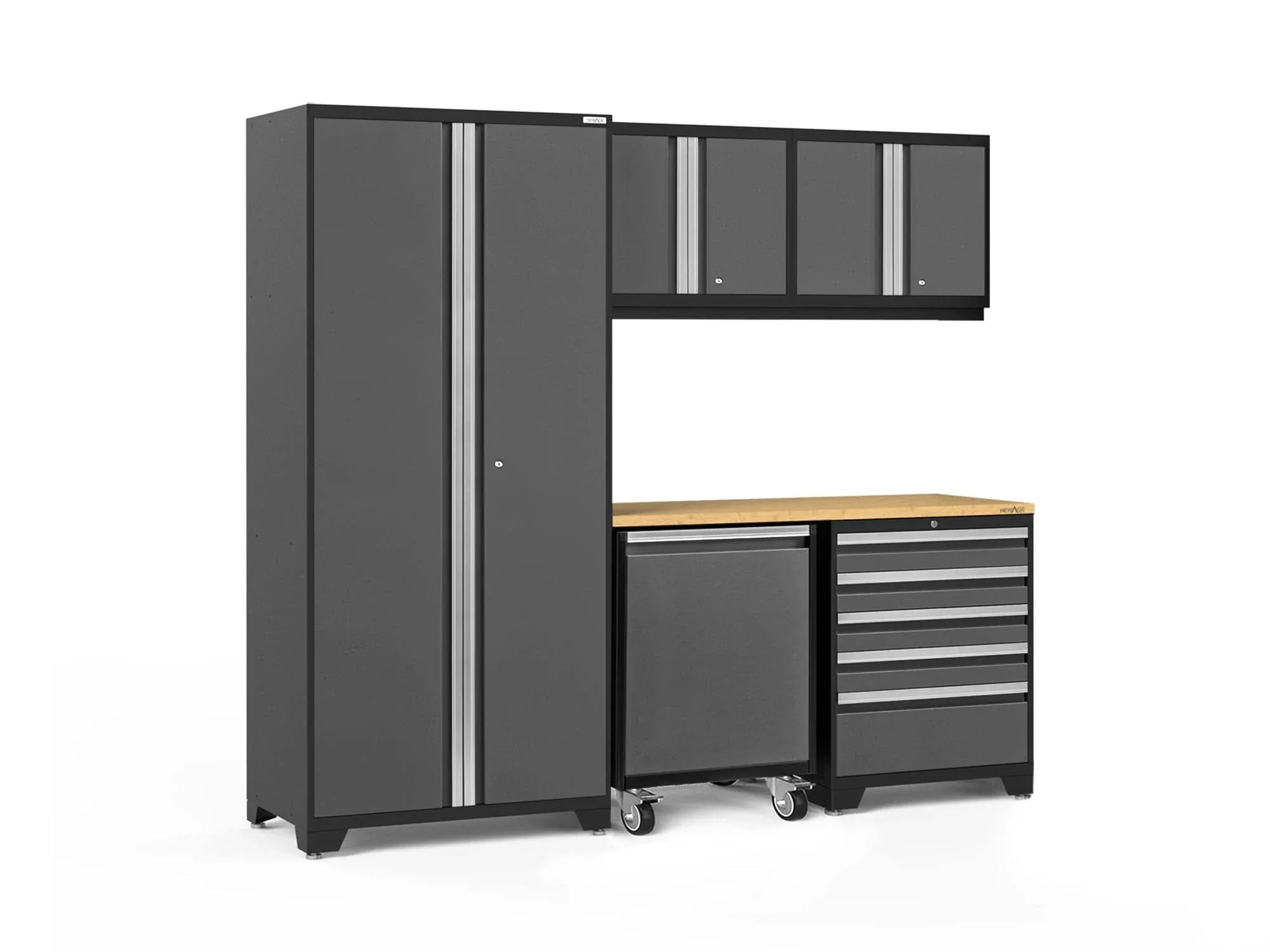 NewAge Products Pro 3.0 Series 6-Piece Garage Cabinet Set with Utility Cart, Gray / Stainless Steel