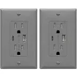 TOPGREENER 2-Port USB Outlet, Type C USB Wall Charger Outlet, 3.6A USB Electrical Outlet, 15 Amp TR Receptacle Plug, Charging Po, Gray