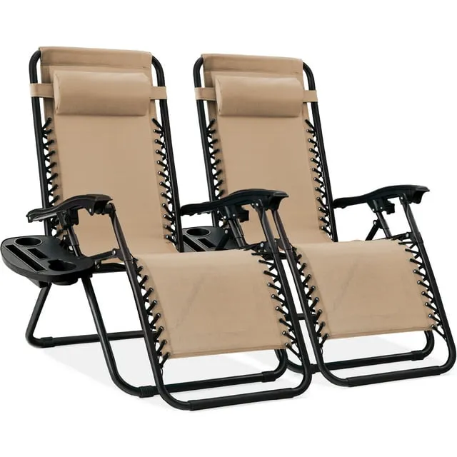 Best Choice Products Set of 2 Adjustable Steel Mesh Zero Gravity Lounge Chair Recliners w/Pillows and Cup Holder Trays - SandBest Choice Products Set of 2 Adjustable Steel Mesh Zero…