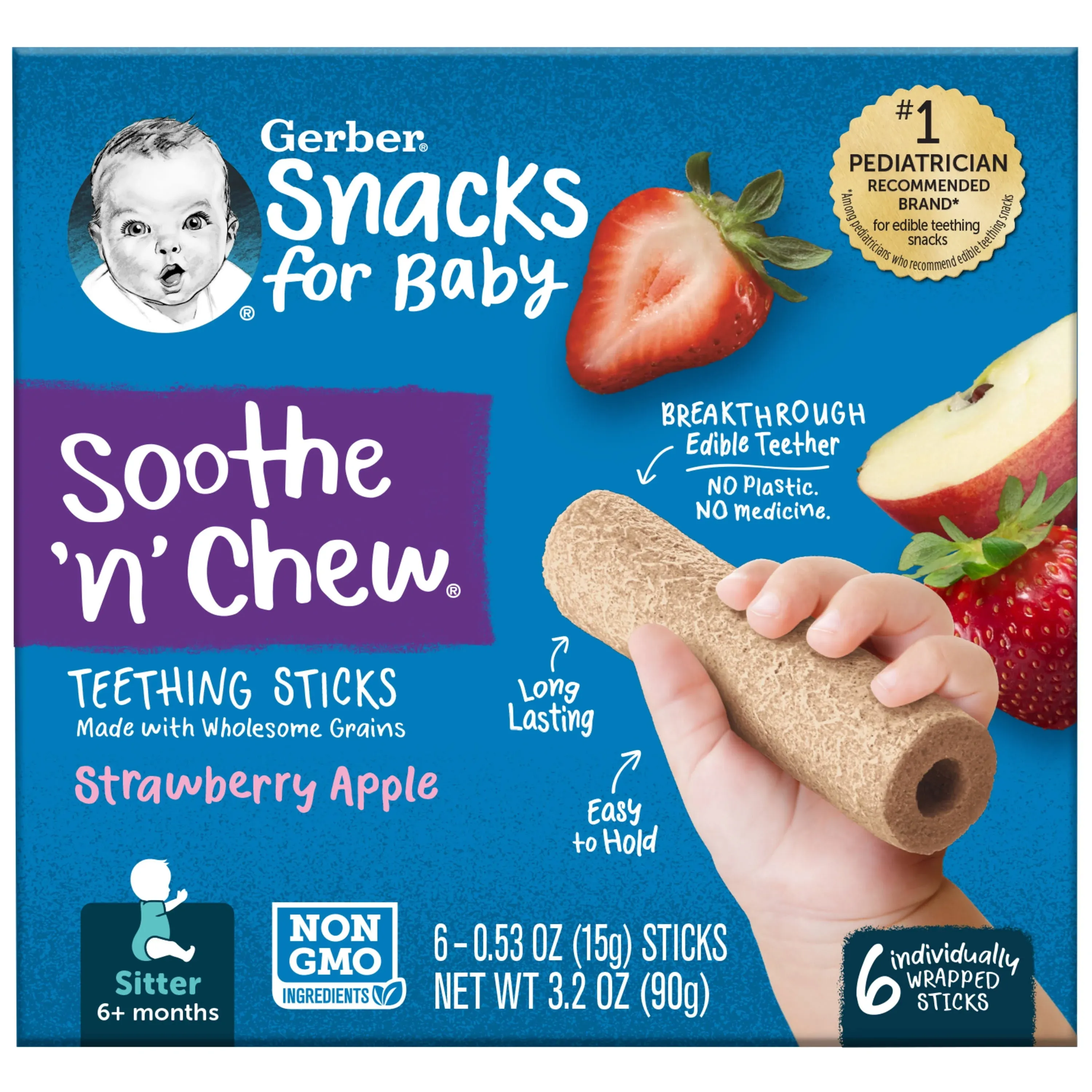 Gerber, Snacks for Baby, Soothe 'n' Chew, Teething Sticks, 6+ Months, Strawberry Apple, 6 Individually Wrapped Sticks, 0.53 oz (15 g) Each