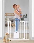 Newnice 26.7-29.5'' Narrow Baby Gate with Cat Door, Auto Close & Easy Walk Thru Dog Pet Gates for Stairs, Doorway, House, Pressure Mounted Safety Child Gate Includes 4 Wall Cups, NO Extensions, White